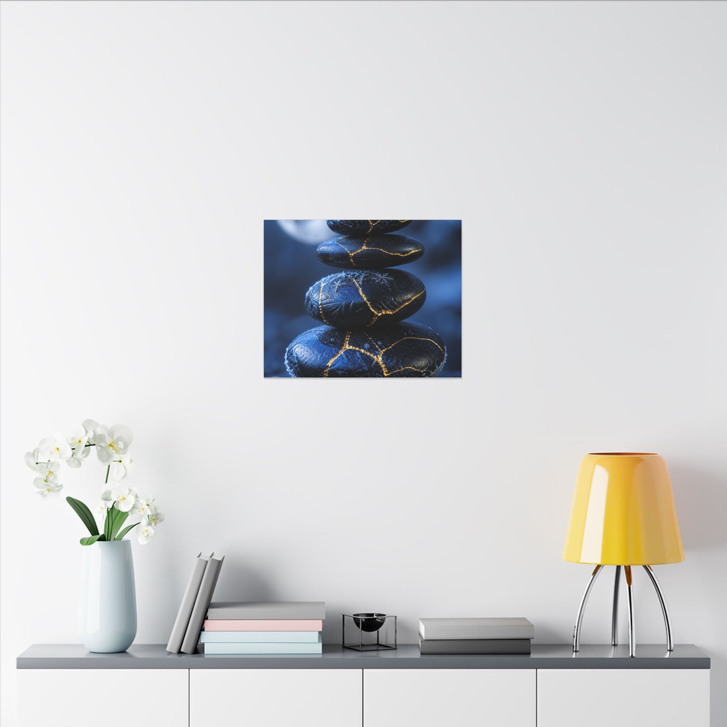 River Stones Canvas Art | Winter Kintsugi Gold Repair Art