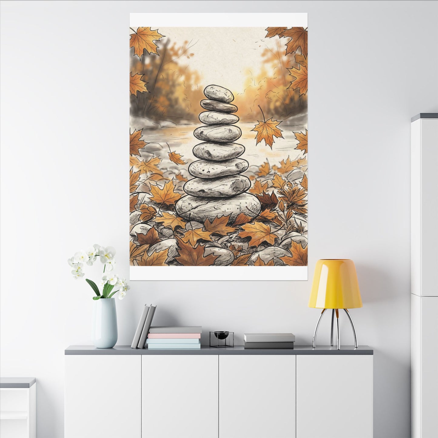 Earthy River Stones Canvas Art - Minimal Line Japandi