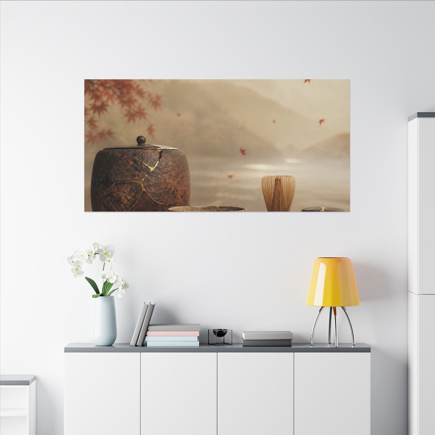 Tea Ceremony Canvas Art | Autumn Kintsugi Gold Vein Art