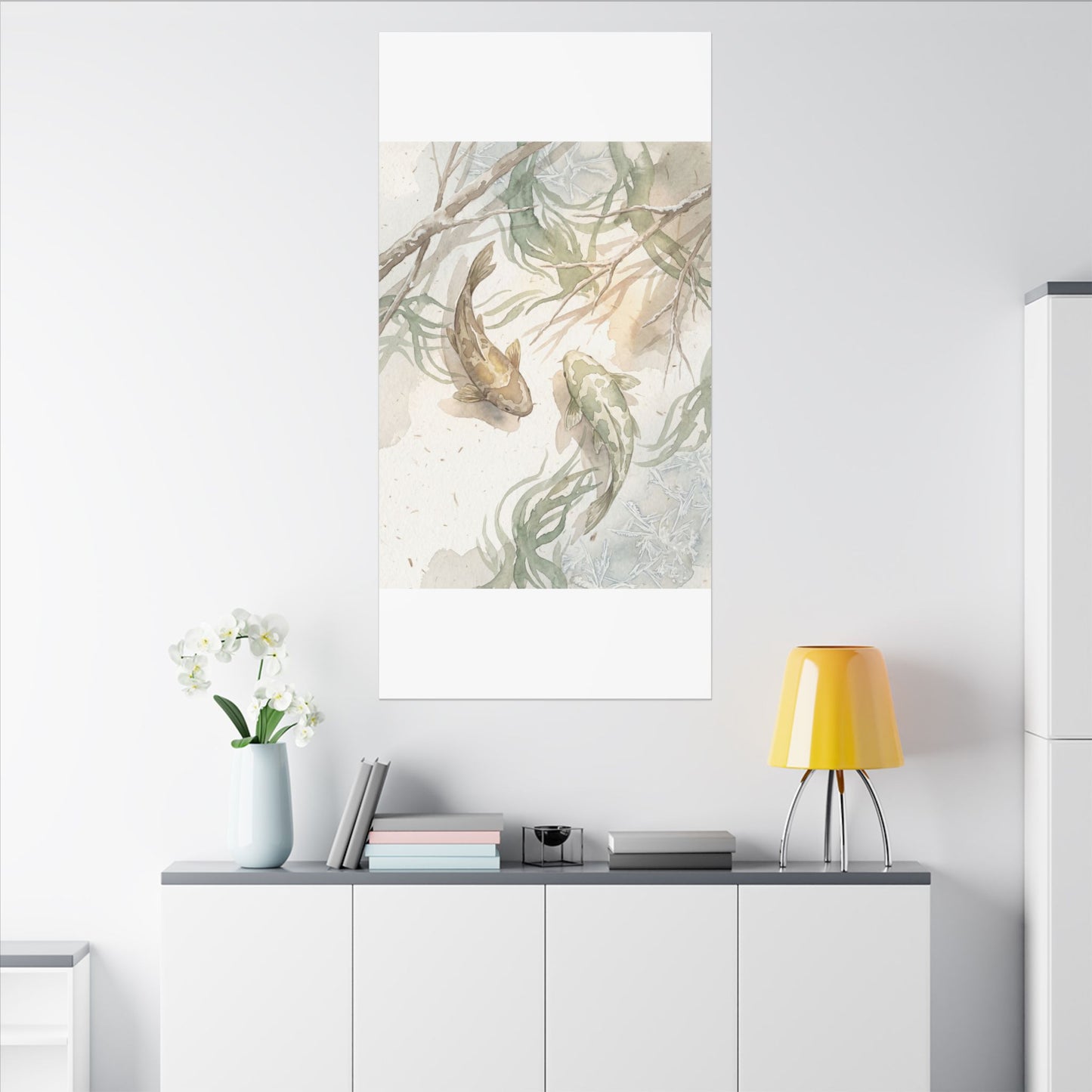 Koi Pond Canvas Art | Winter Japandi Watercolor Art