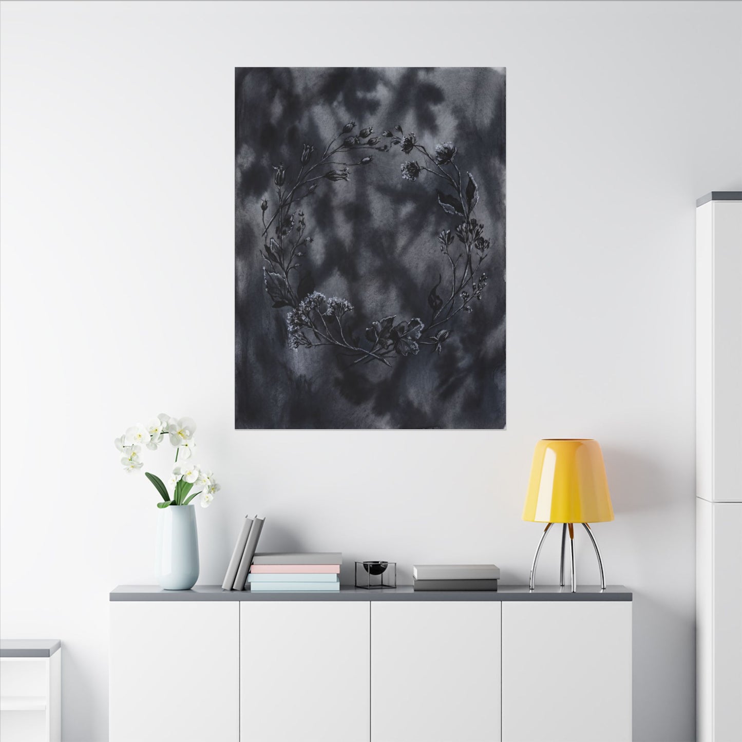 Dried Flowers Canvas Art | Winter Dark Japandi Shadow Zen Art