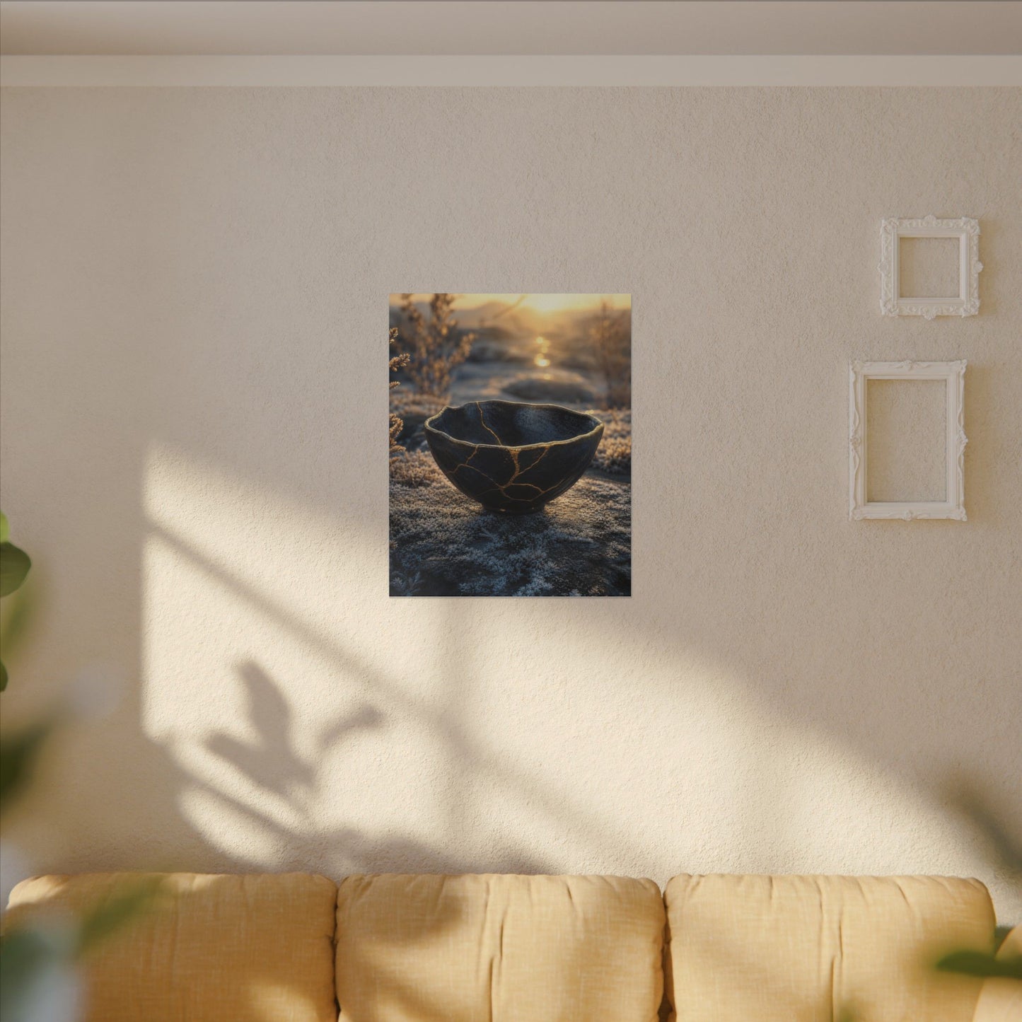 Ceramic Bowl Canvas Art | Winter Kintsugi Gold Repair Art
