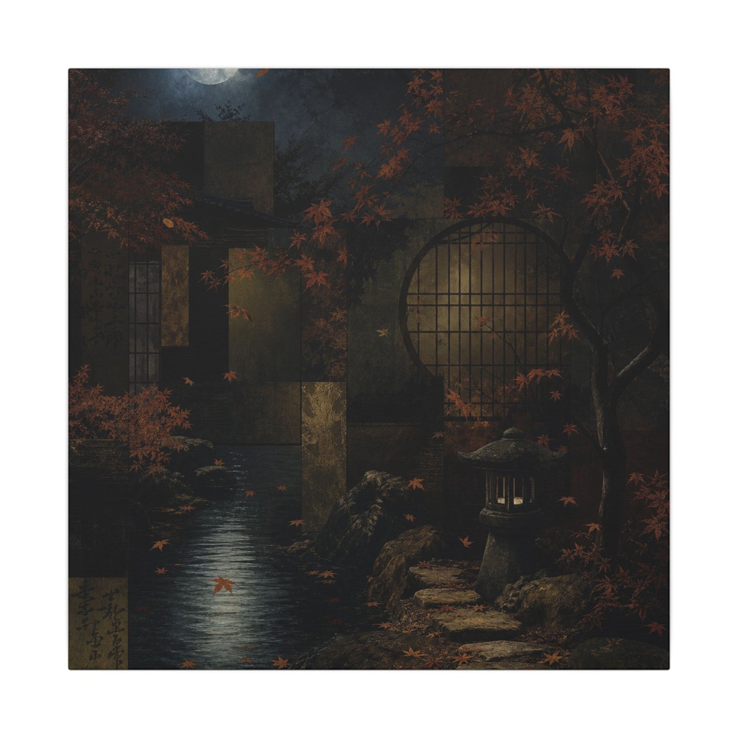 Moonlight Moonlit Garden Canvas Art - Dark Japandi Shibui