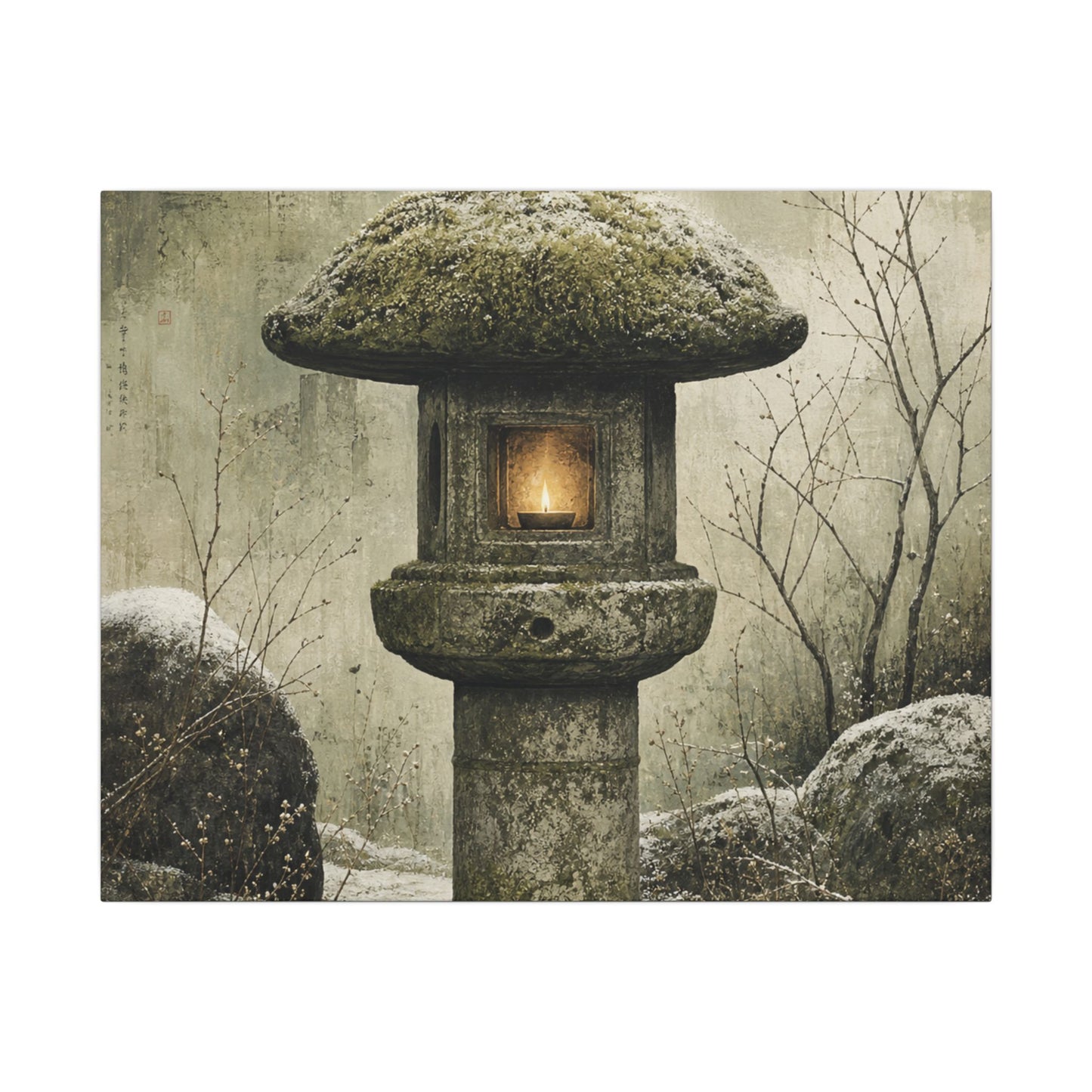 Stone Lantern Winter Canvas Art | Japandi Neutral Design
