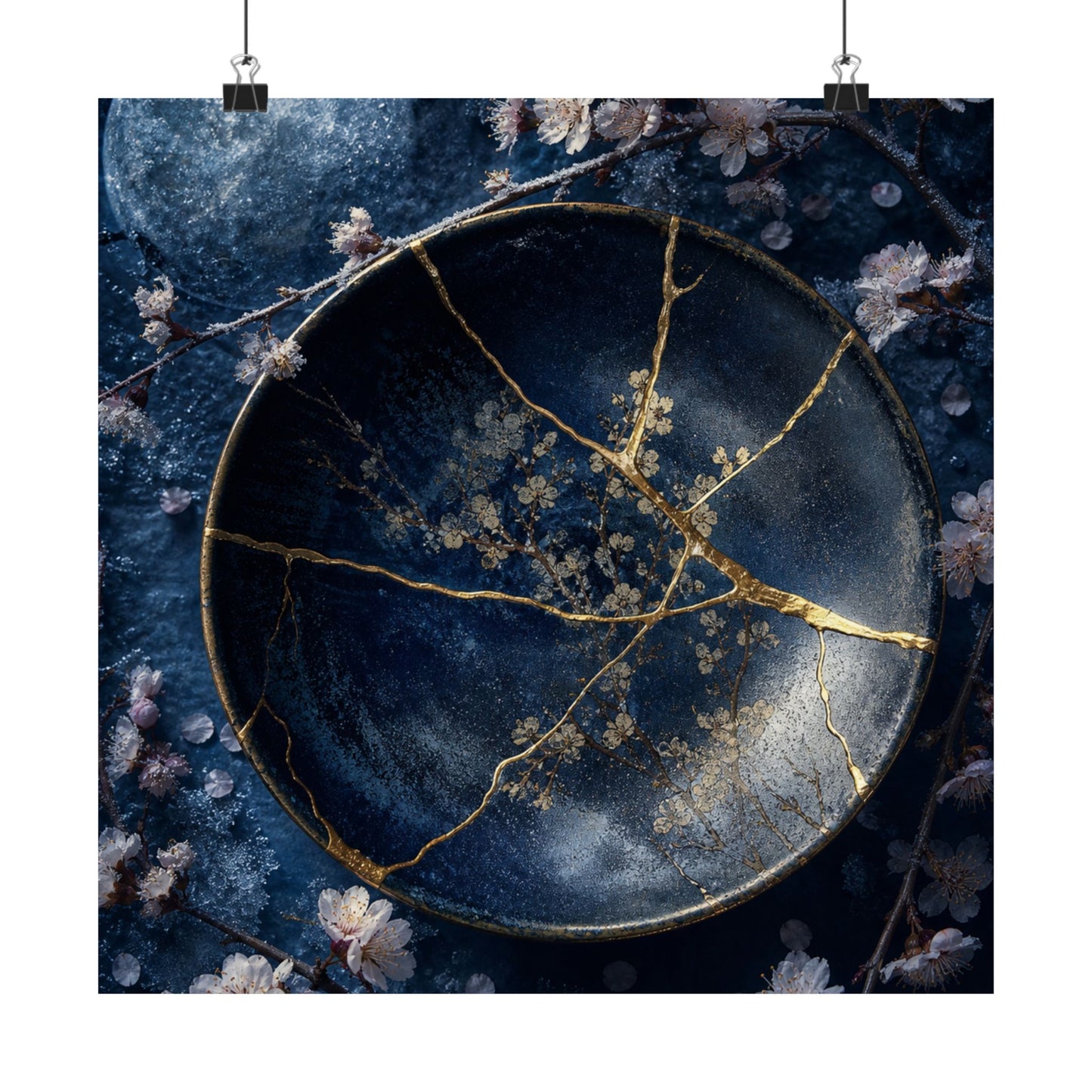 Kintsugi Cherry Blossom in Moonlight | Gold Repair Wall Art Print