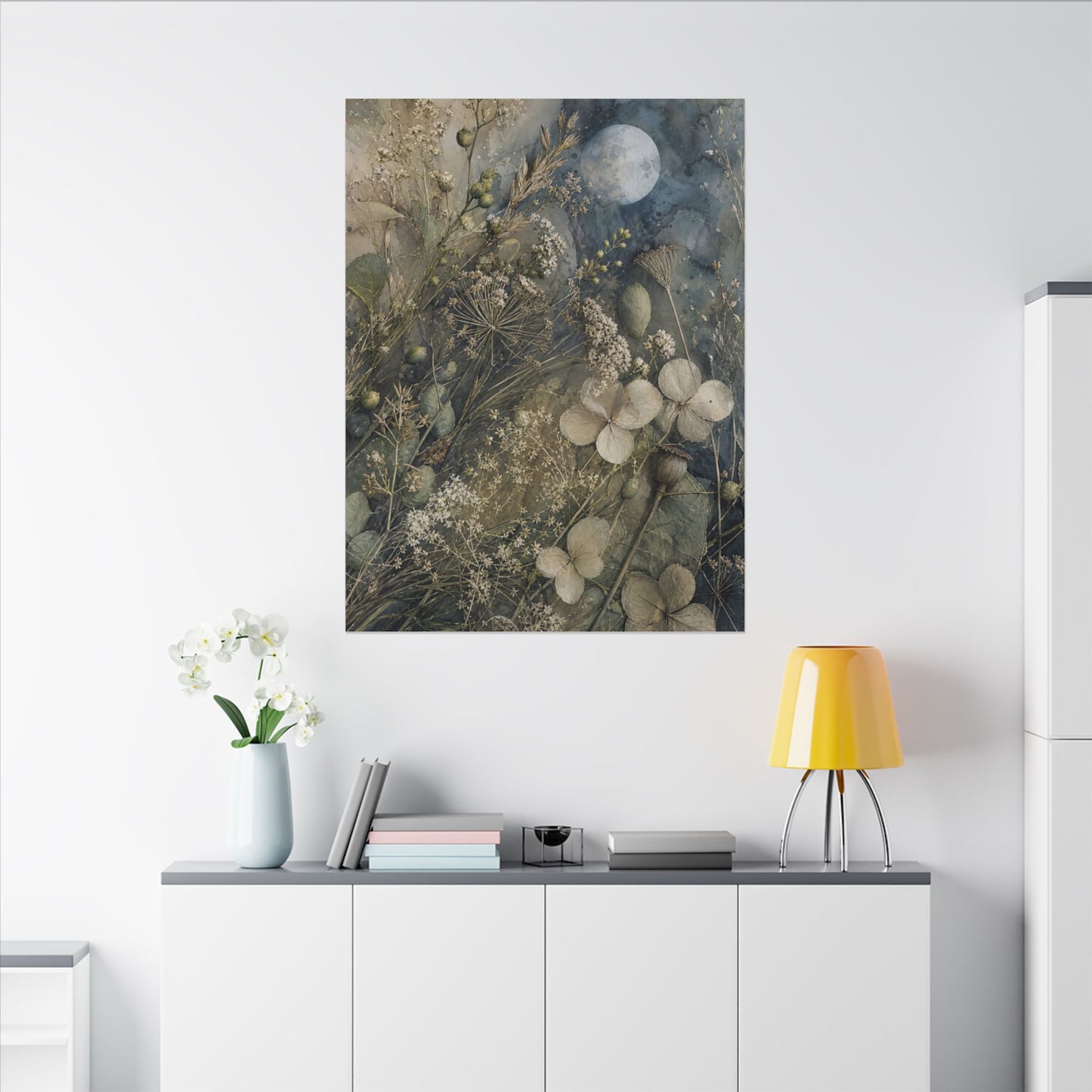 Japandi Dried Flowers in Moonlight | Watercolor Canvas Art