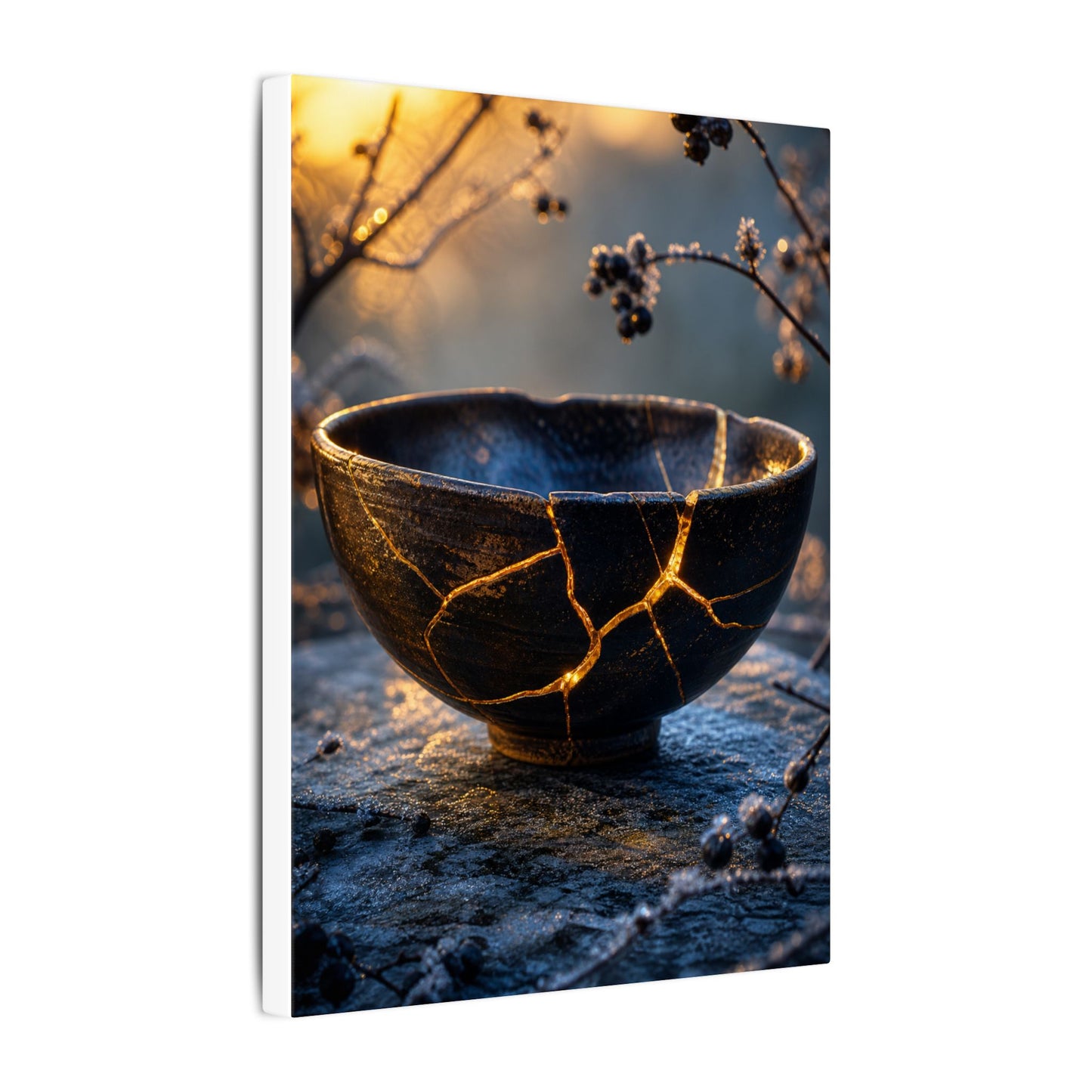 Ceramic Bowl Canvas Art | Winter Kintsugi Gold Repair Art