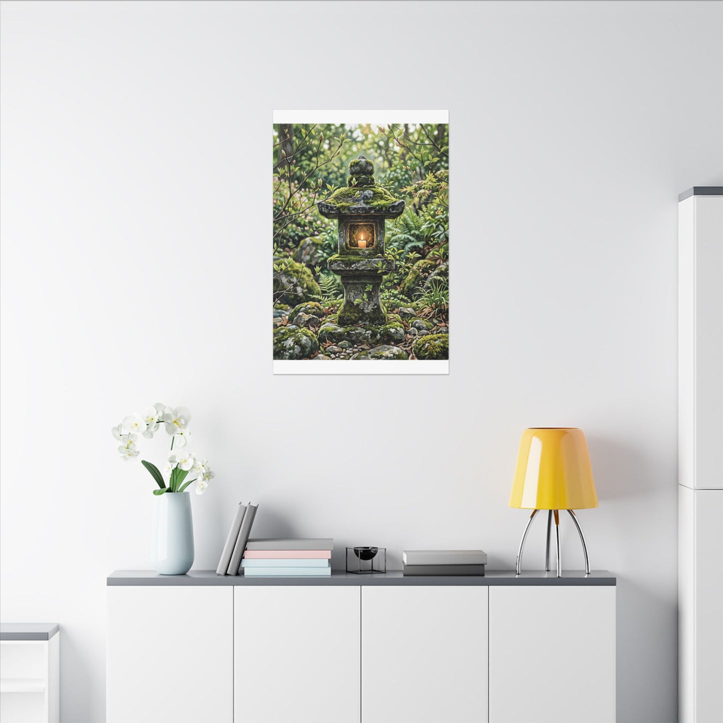 Neutral Stone Lantern Canvas Art - Japanese Pattern Japandi