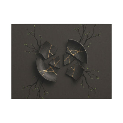 Sophisticated Broken Pottery Canvas Art - Charcoal Ink Dark Japandi