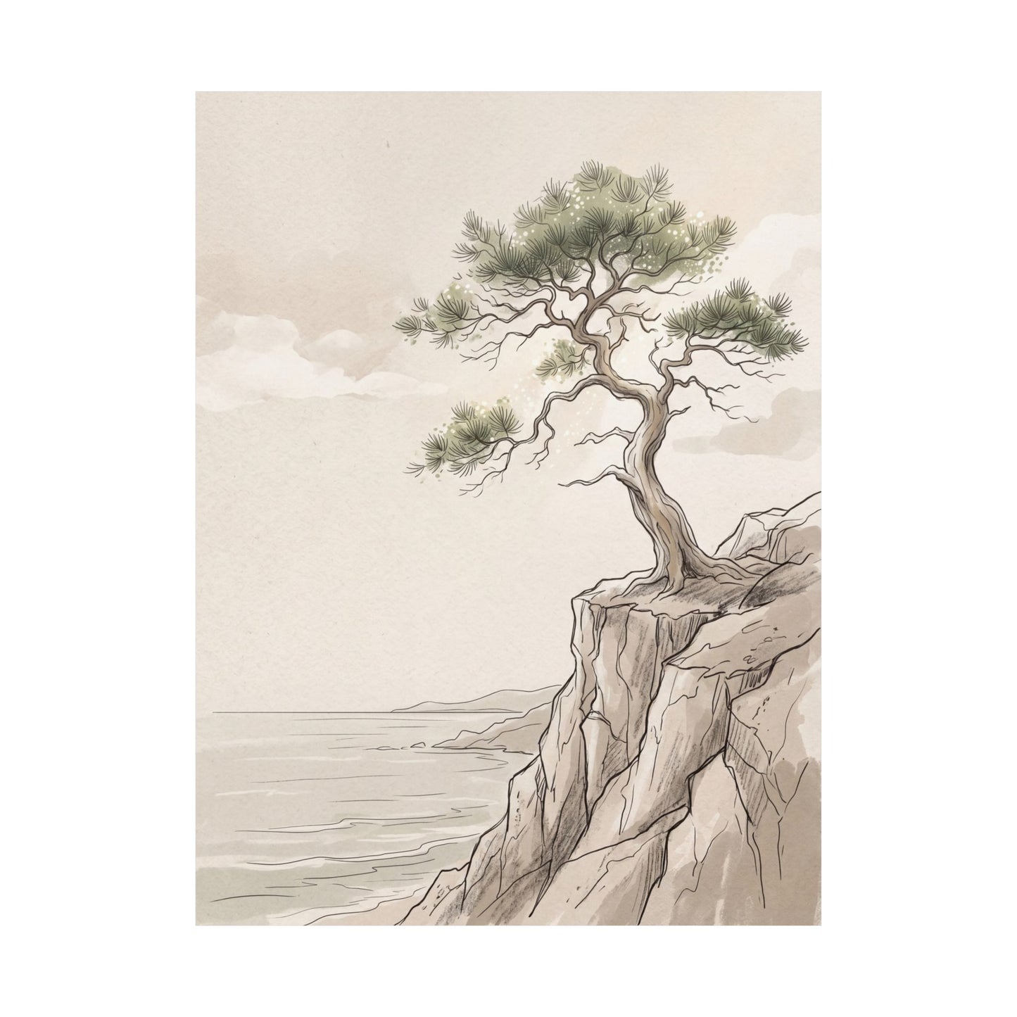 Neutral Pine Tree Wall Art Print - Minimal Line Japandi