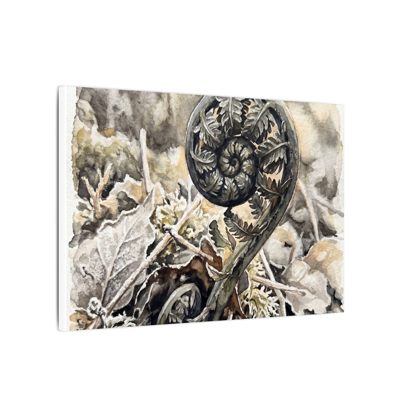 Japandi Fern Unfurling in Golden Hour | Watercolor Canvas Art