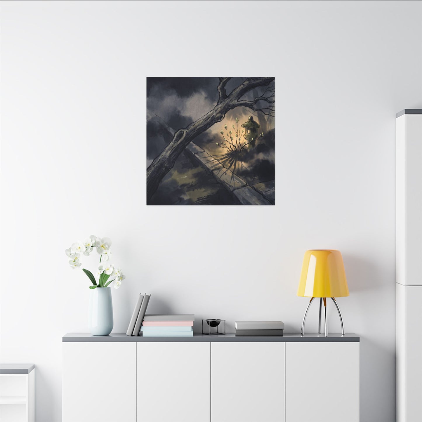 Dark Japandi Moonlit Garden in Golden Hour | Charcoal Ink Canvas Art
