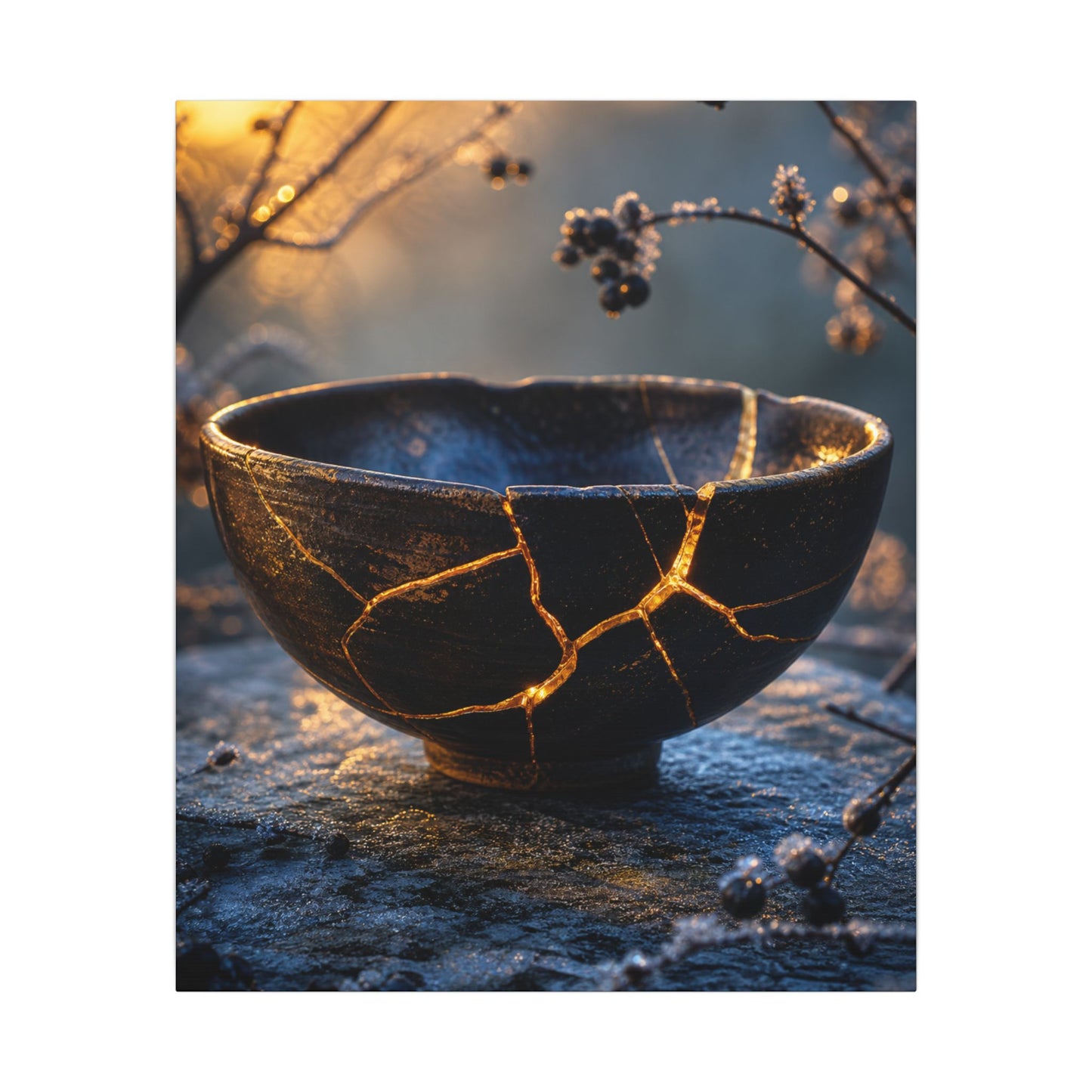 Ceramic Bowl Canvas Art | Winter Kintsugi Gold Repair Art