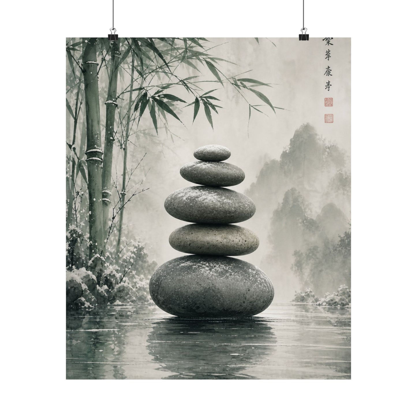 River Stones Sumi E Wall Art Print | Tranquil Zen Art