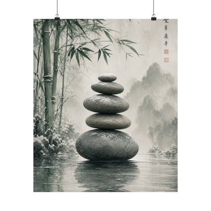 River Stones Sumi E Wall Art Print | Tranquil Zen Art