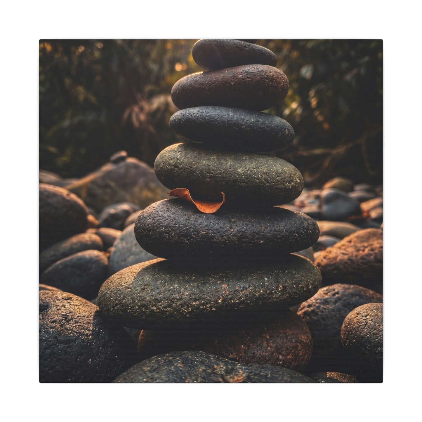 Dark Japandi River Stones in Golden Hour | Moody Minimal Canvas Art
