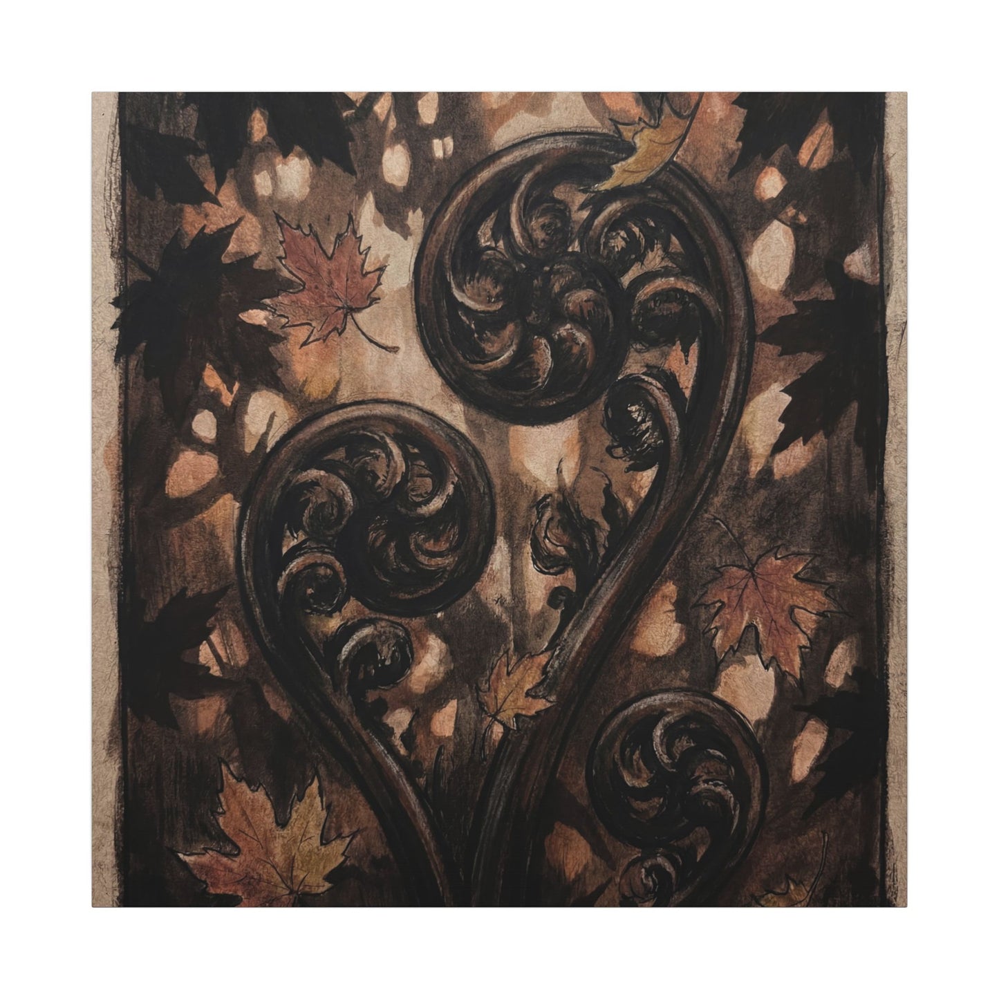 Mono No Aware Fern Unfurling Canvas Art - Dark Japandi Charcoal Ink