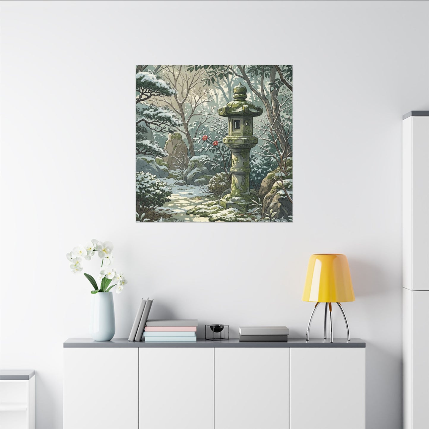 Stone Lantern Winter Canvas Art | Japandi Warm Design