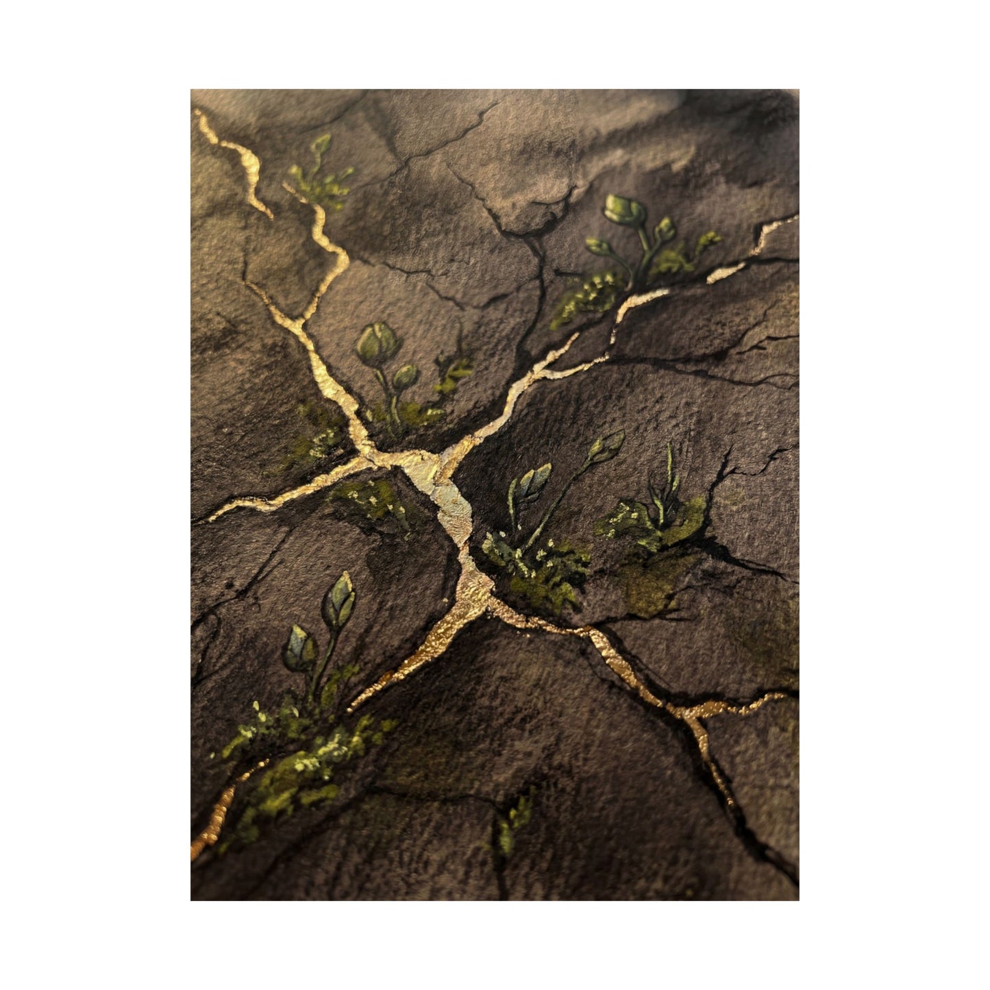 Fukinsei Cracked Earth Wall Art Print - Dark Japandi Charcoal Ink