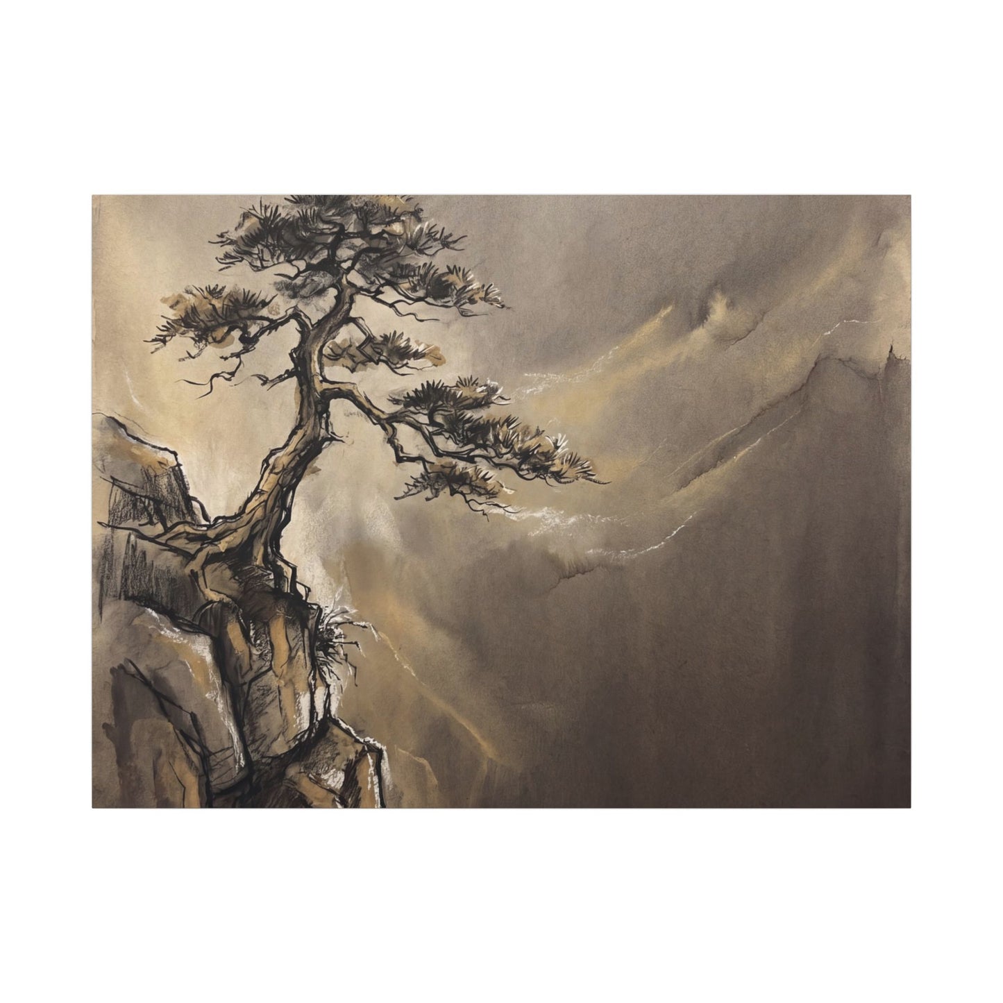 Pine Tree Charcoal Ink Canvas Art | Luxurious Dark Japandi Art