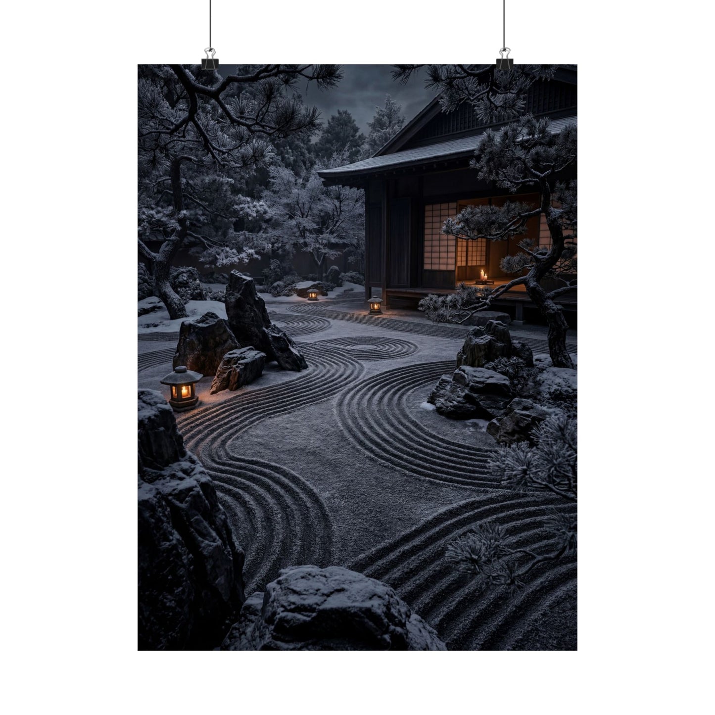 Dark Japandi Rock Garden in Candlelight | Shadow Zen Wall Art Print Art Print