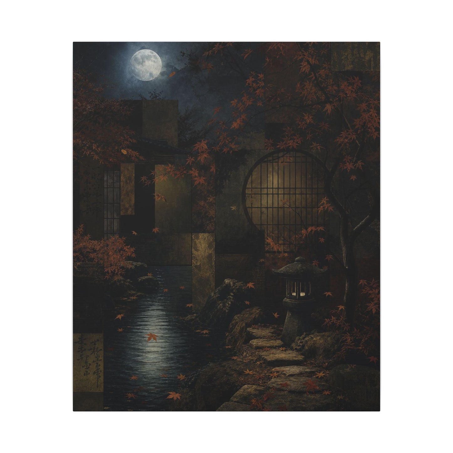 Moonlight Moonlit Garden Canvas Art - Dark Japandi Shibui