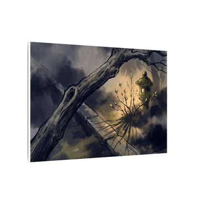 Dark Japandi Moonlit Garden in Golden Hour | Charcoal Ink Canvas Art