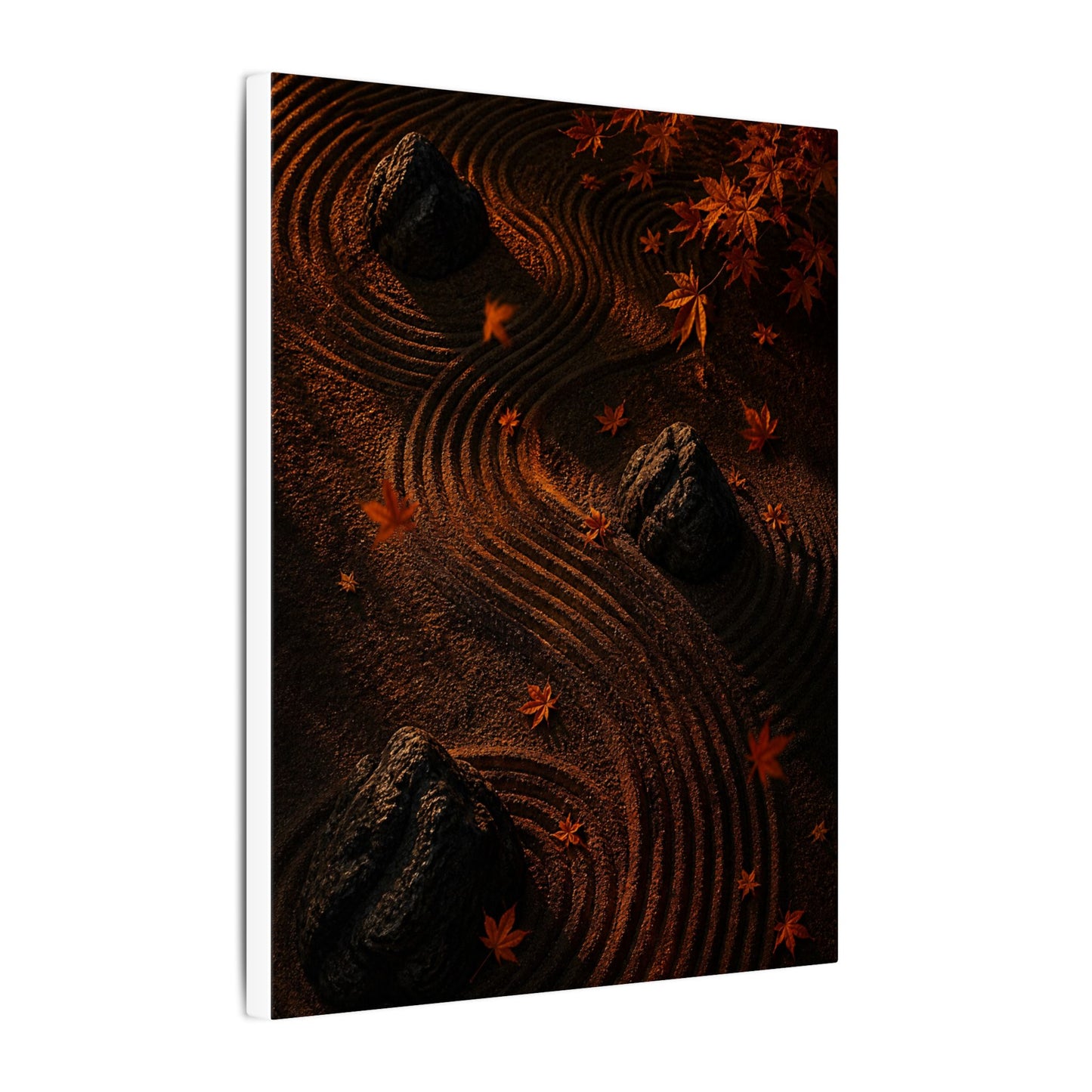 Dark Japandi Rock Garden in Golden Hour | Charcoal Ink Canvas Art