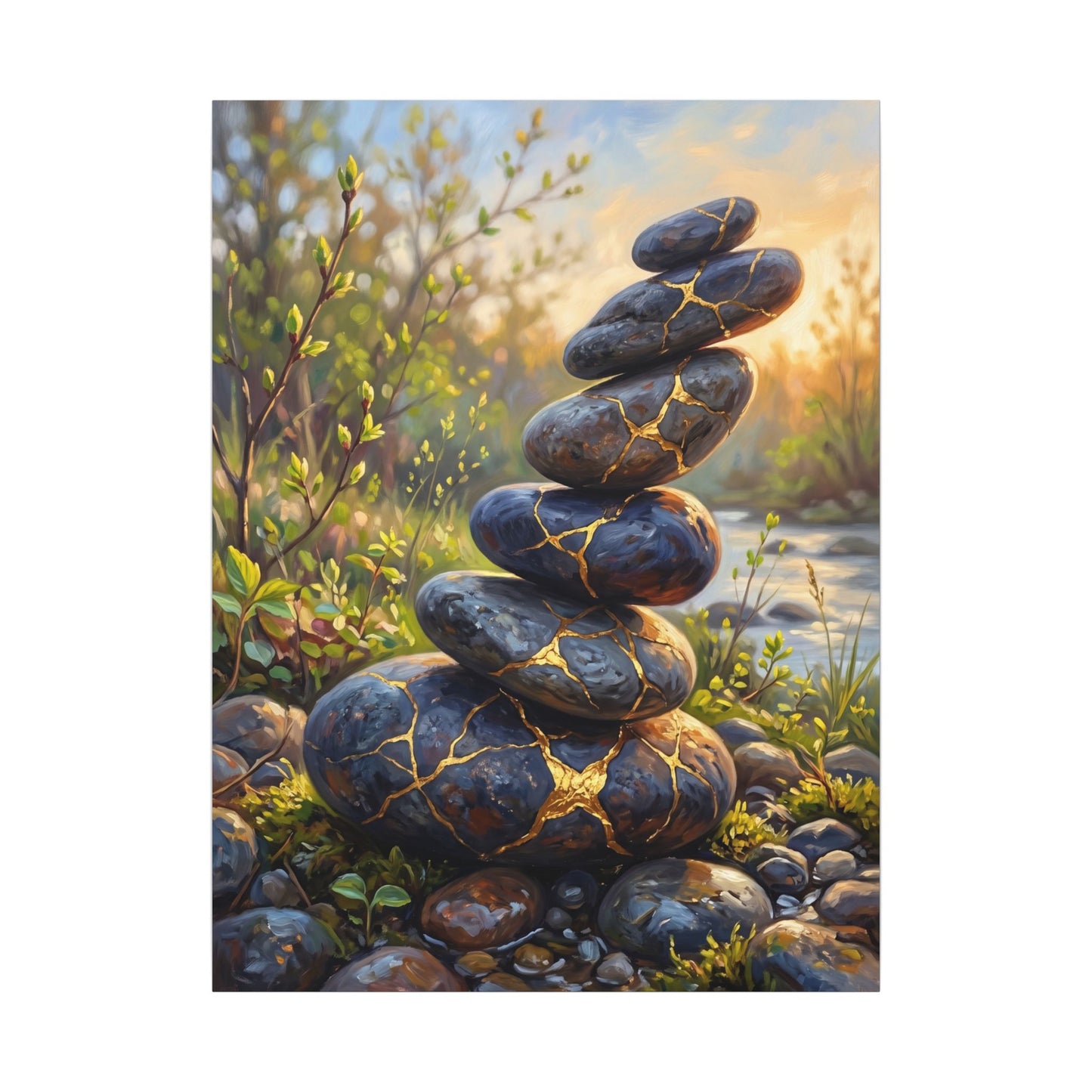 Spring River Stones Gold Repair Canvas Art | Healing Decor