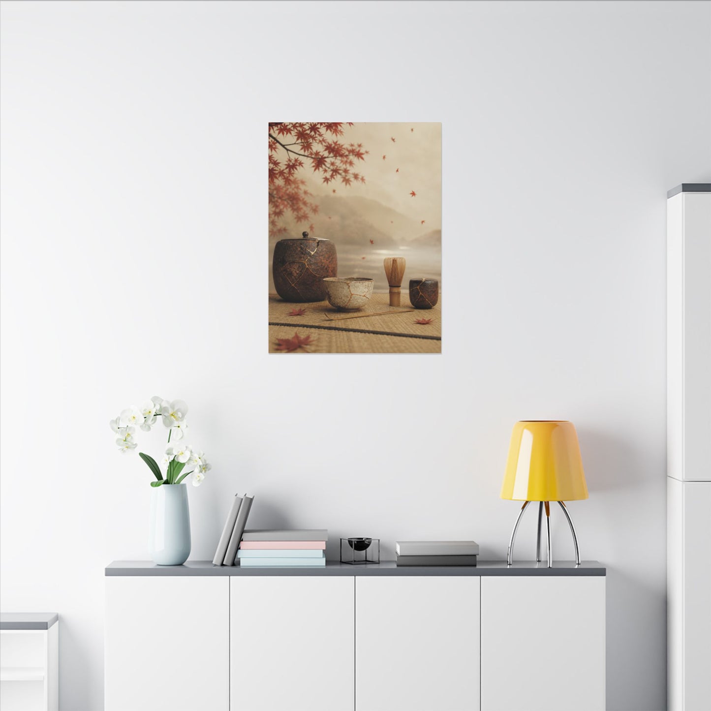 Tea Ceremony Canvas Art | Autumn Kintsugi Gold Vein Art