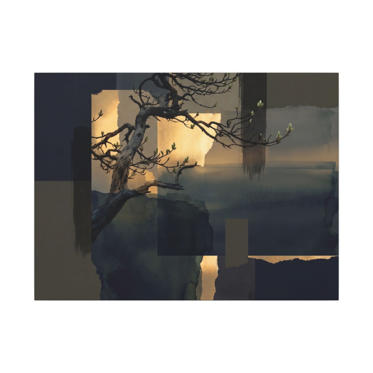 Golden Hour Pine Tree Canvas Art - Dark Japandi Kanso Art Print