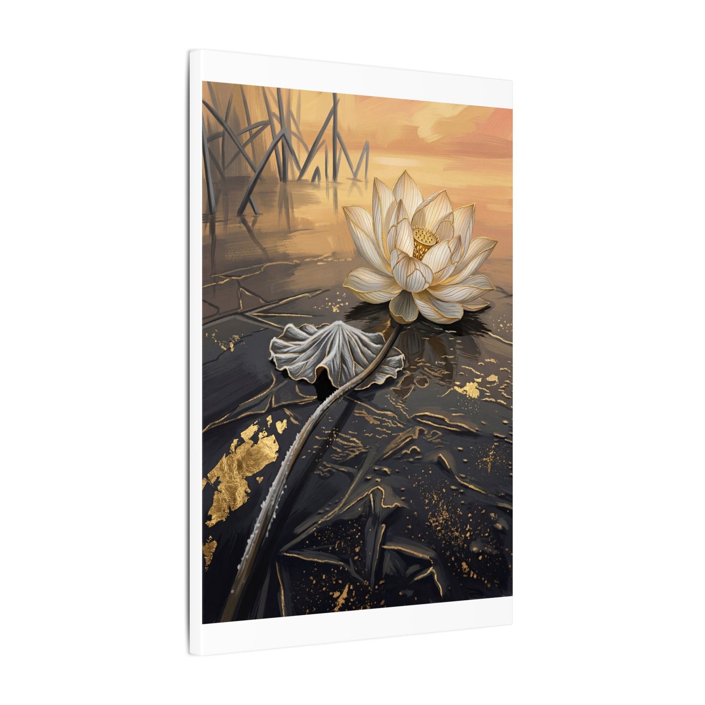 Kintsugi Lotus Flower in Golden Hour | Gold Vein Canvas Art