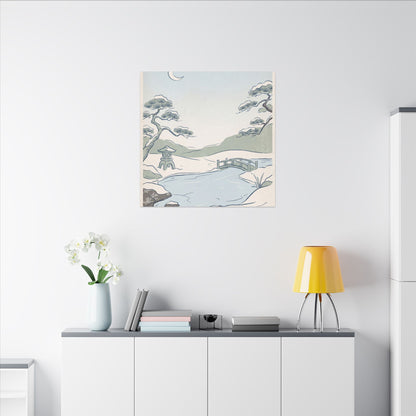 Japandi Moonlit Garden in Moonlight | Minimal Line Canvas Art