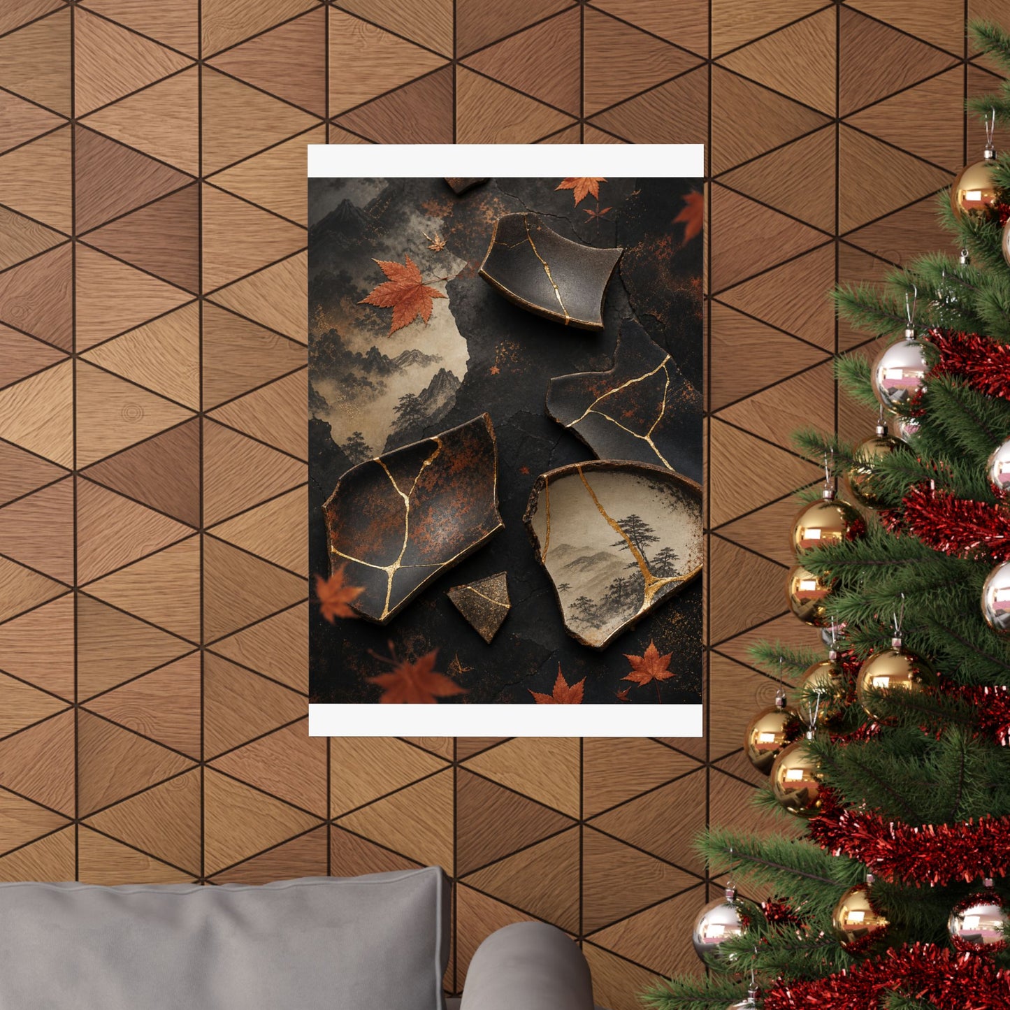 Broken Pottery Wall Art Print | Autumn Kintsugi Gold Vein Art