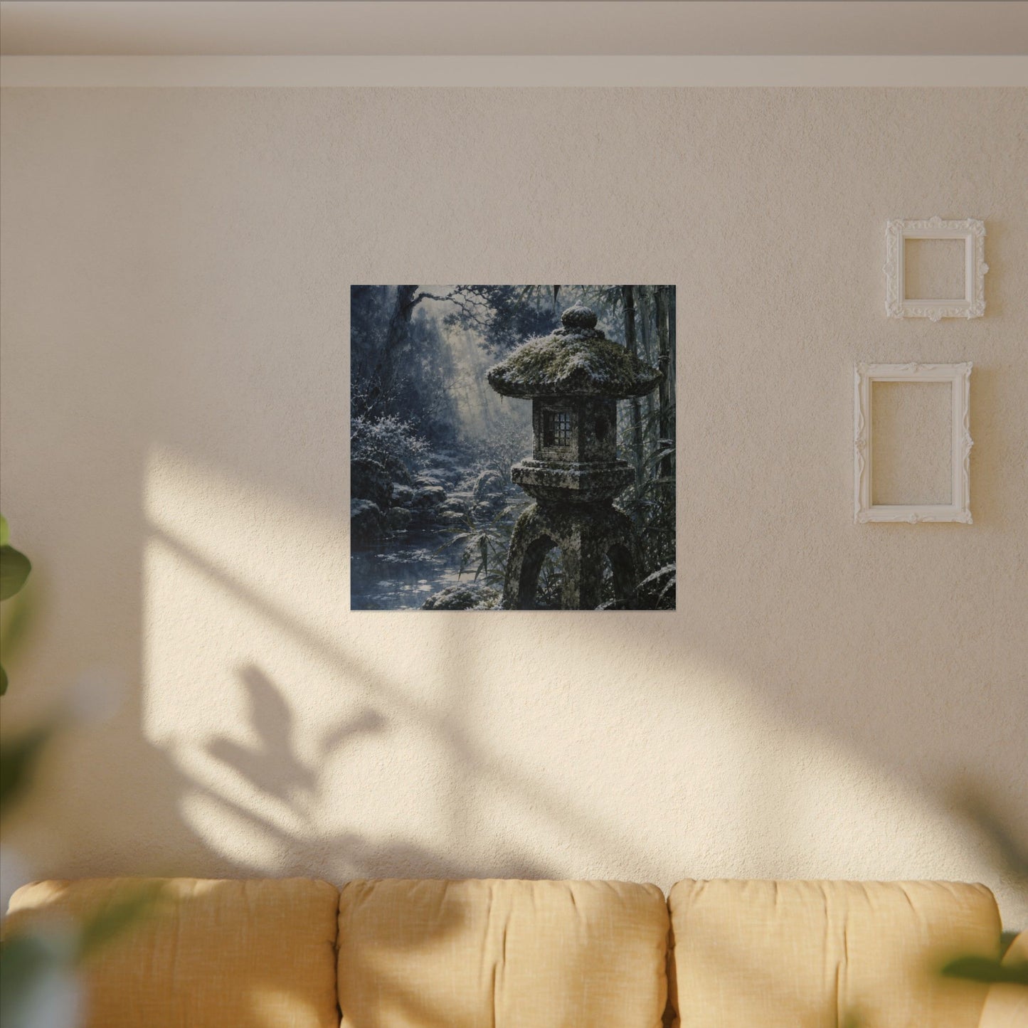 Zen Stone Lantern in Dappled | Sumi E Canvas Art