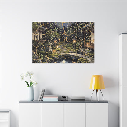 Kintsugi Moonlit Garden in Candlelight | Gold Vein Canvas Art
