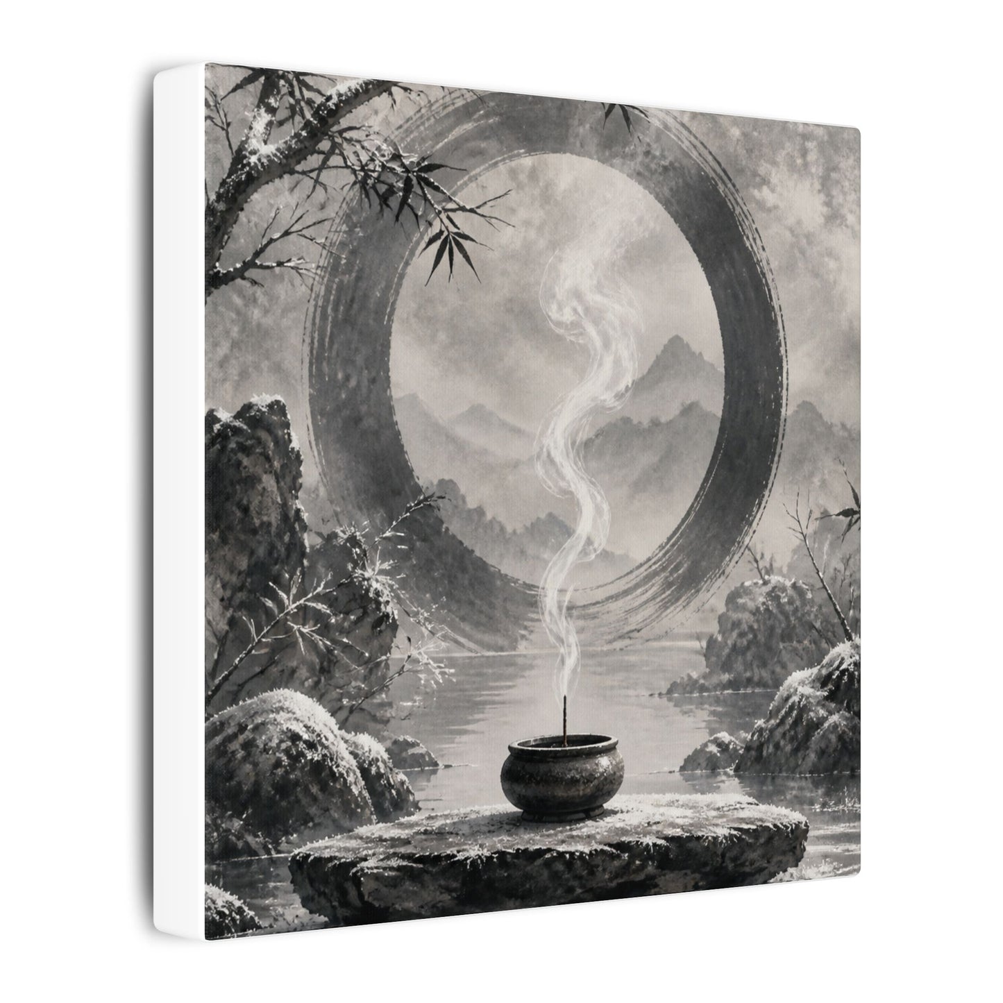 Incense Smoke Canvas Art | Winter Zen Sumi E Art