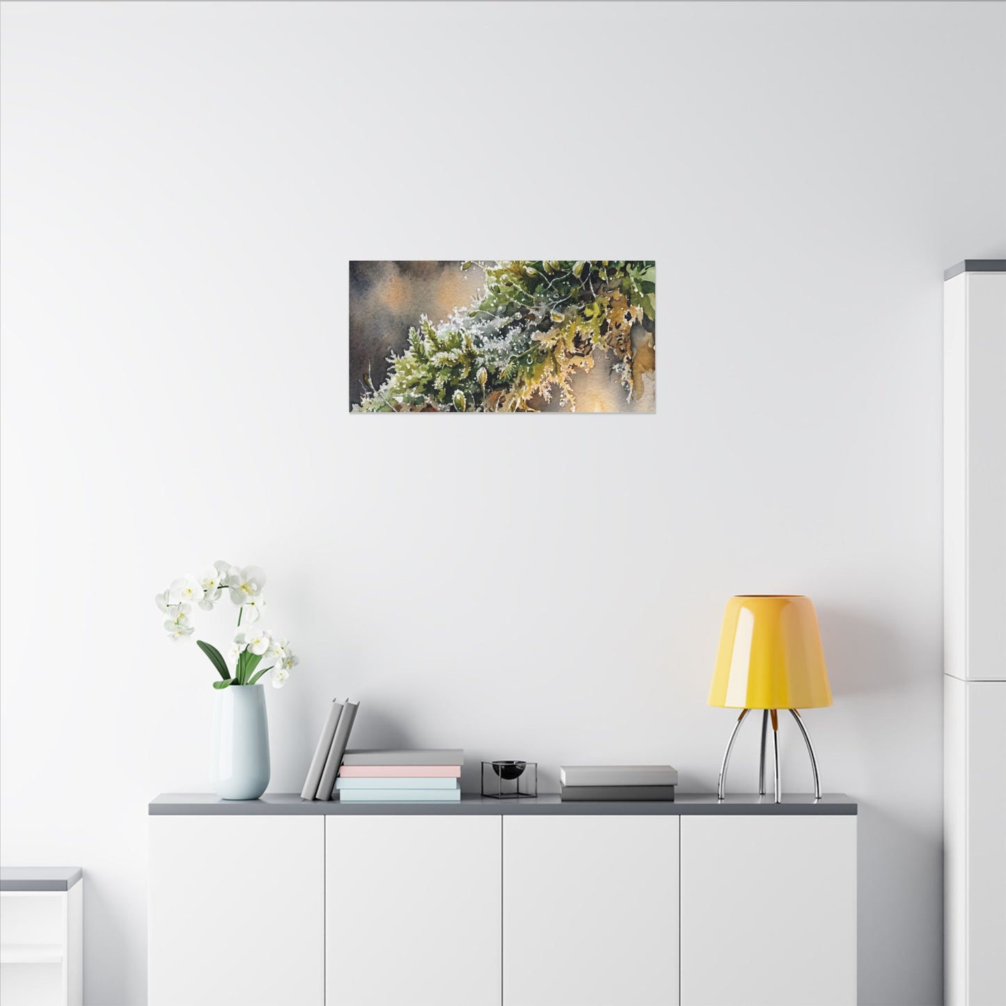 Winter Moss Close Up Watercolor Canvas Art | Neutral Decor