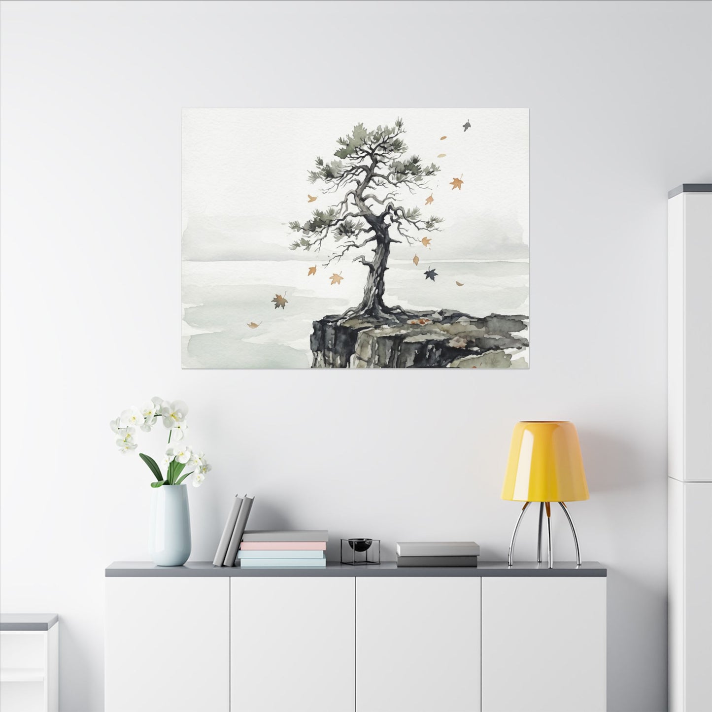 Japandi Pine Tree in Overcast | Watercolor Canvas Art
