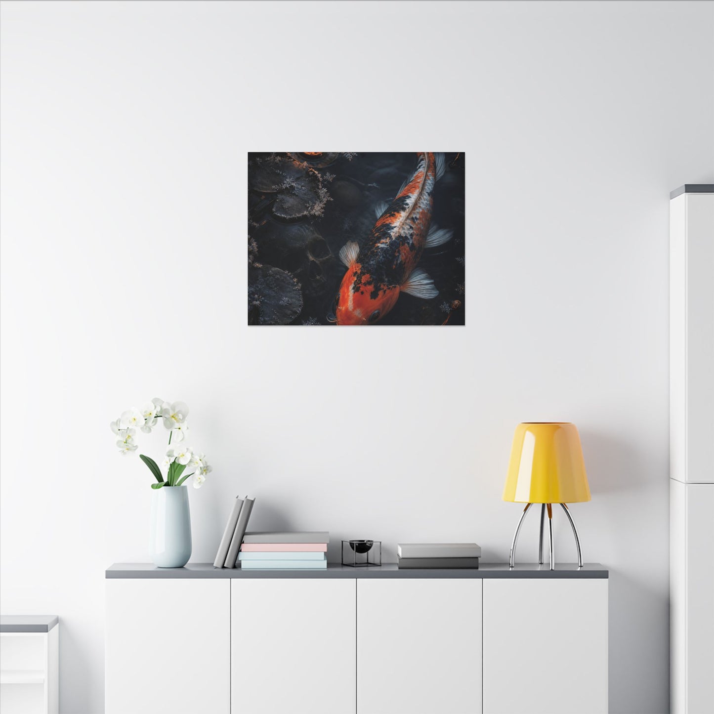 Koi Pond Canvas Art | Winter Dark Japandi Shadow Zen Art