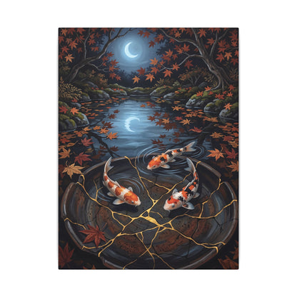 Koi Pond Canvas Art | Autumn Kintsugi Gold Repair Art