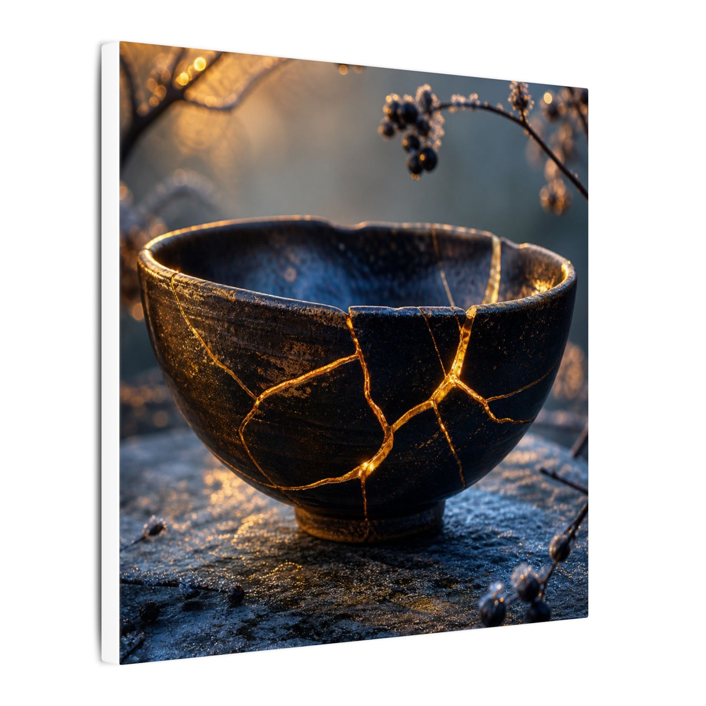 Ceramic Bowl Canvas Art | Winter Kintsugi Gold Repair Art