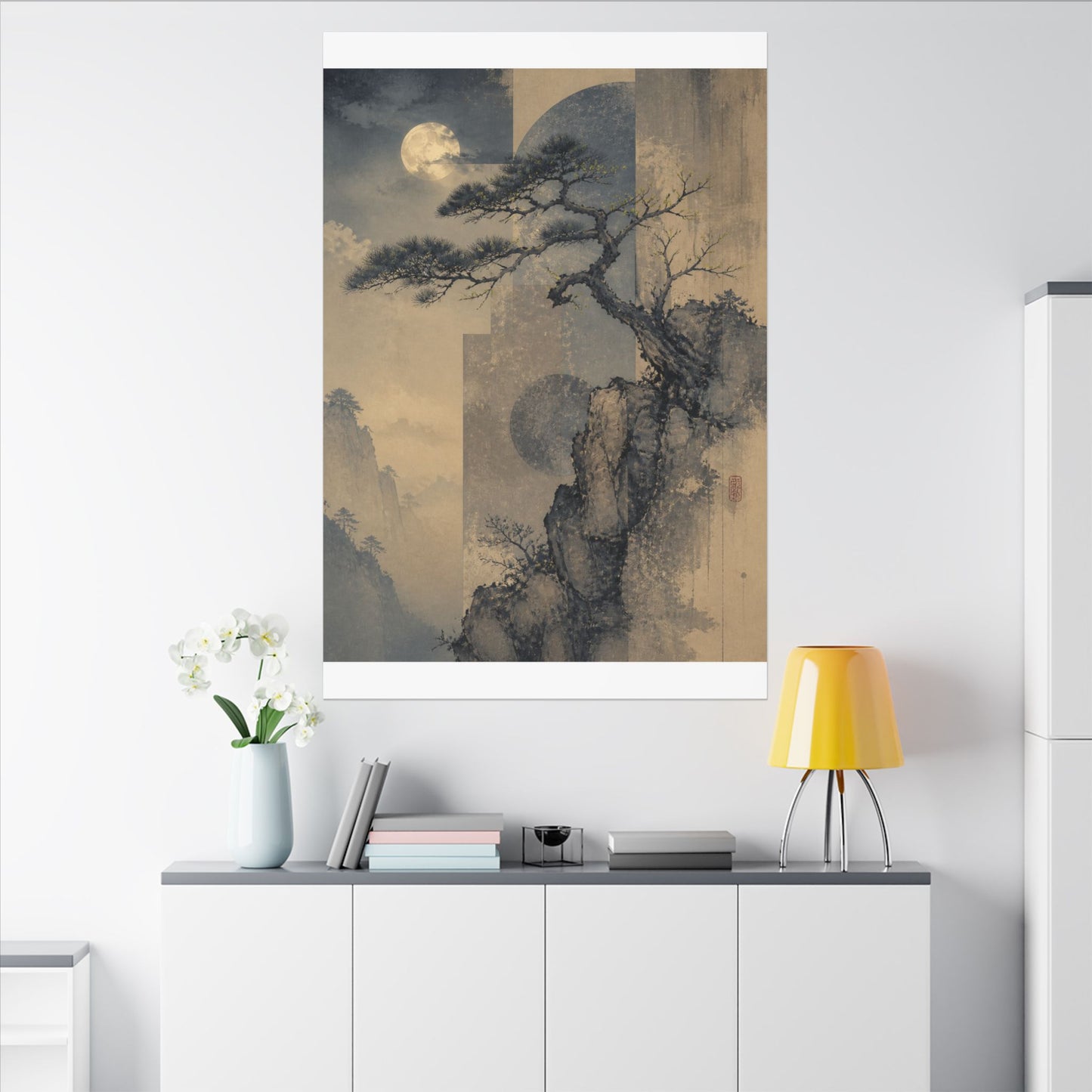 Japandi Pine Tree in Moonlight | Japanese Pattern Canvas Art