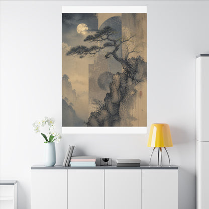 Japandi Pine Tree in Moonlight | Japanese Pattern Canvas Art