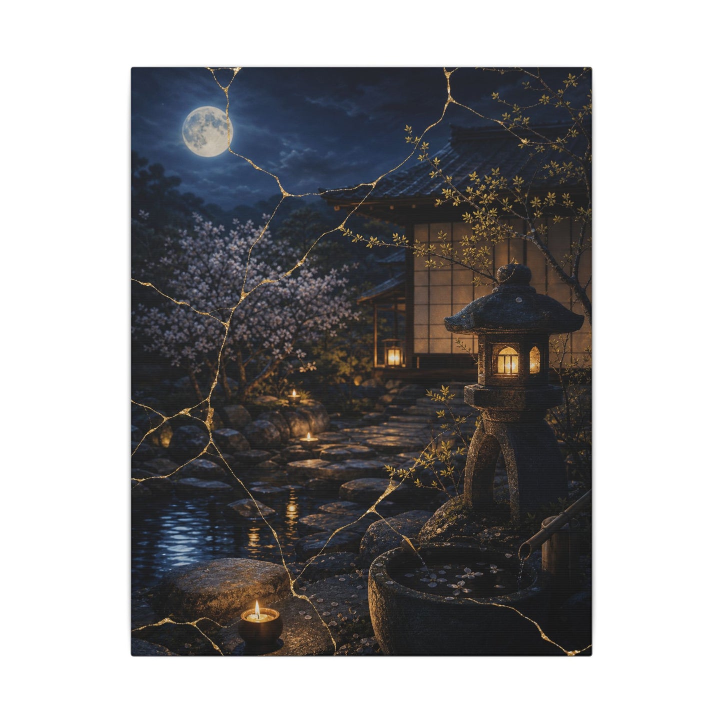 Seijaku Moonlit Garden Canvas Art - Kintsugi Gold Vein