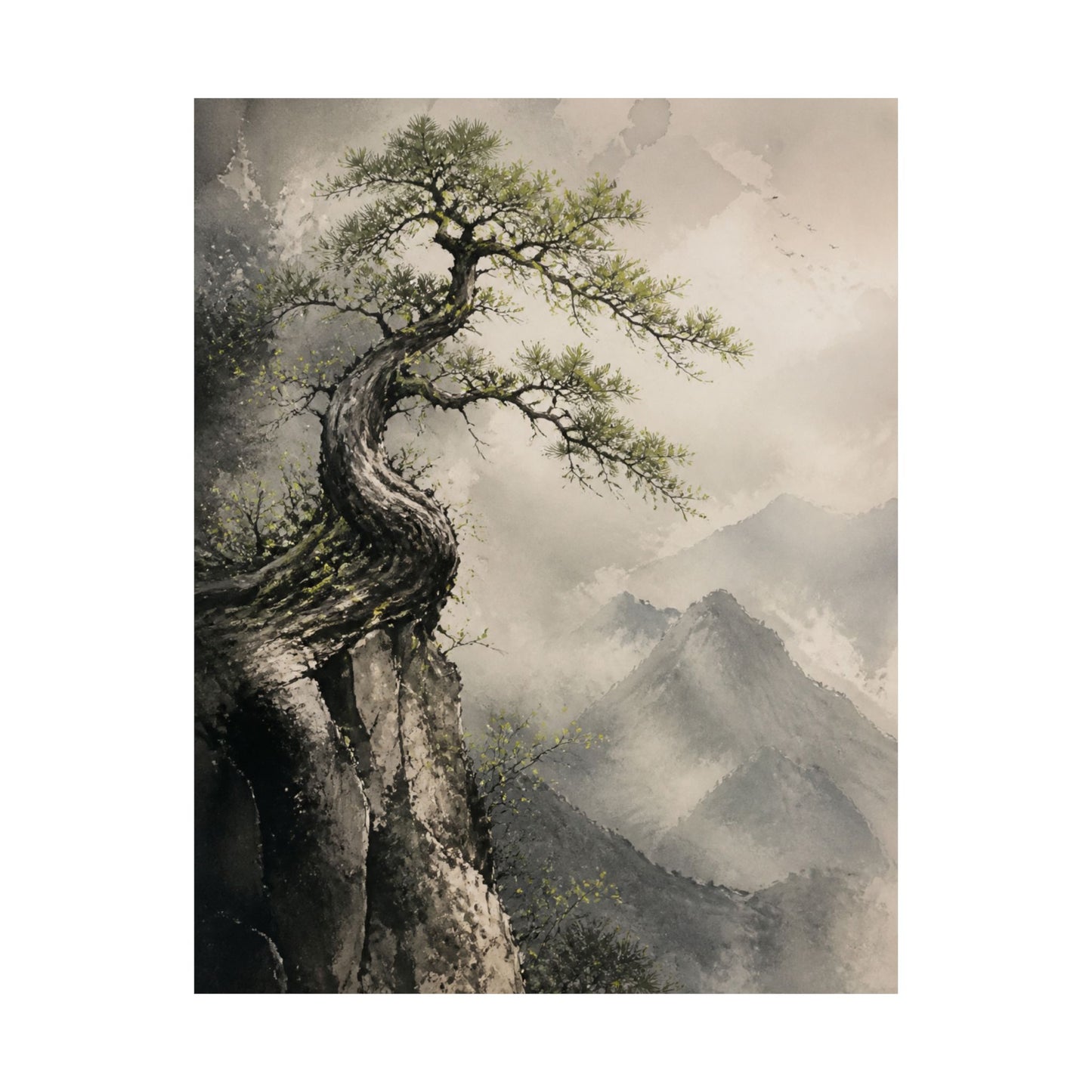 Japandi Pine Tree in Dappled | Watercolor Wall Art Print