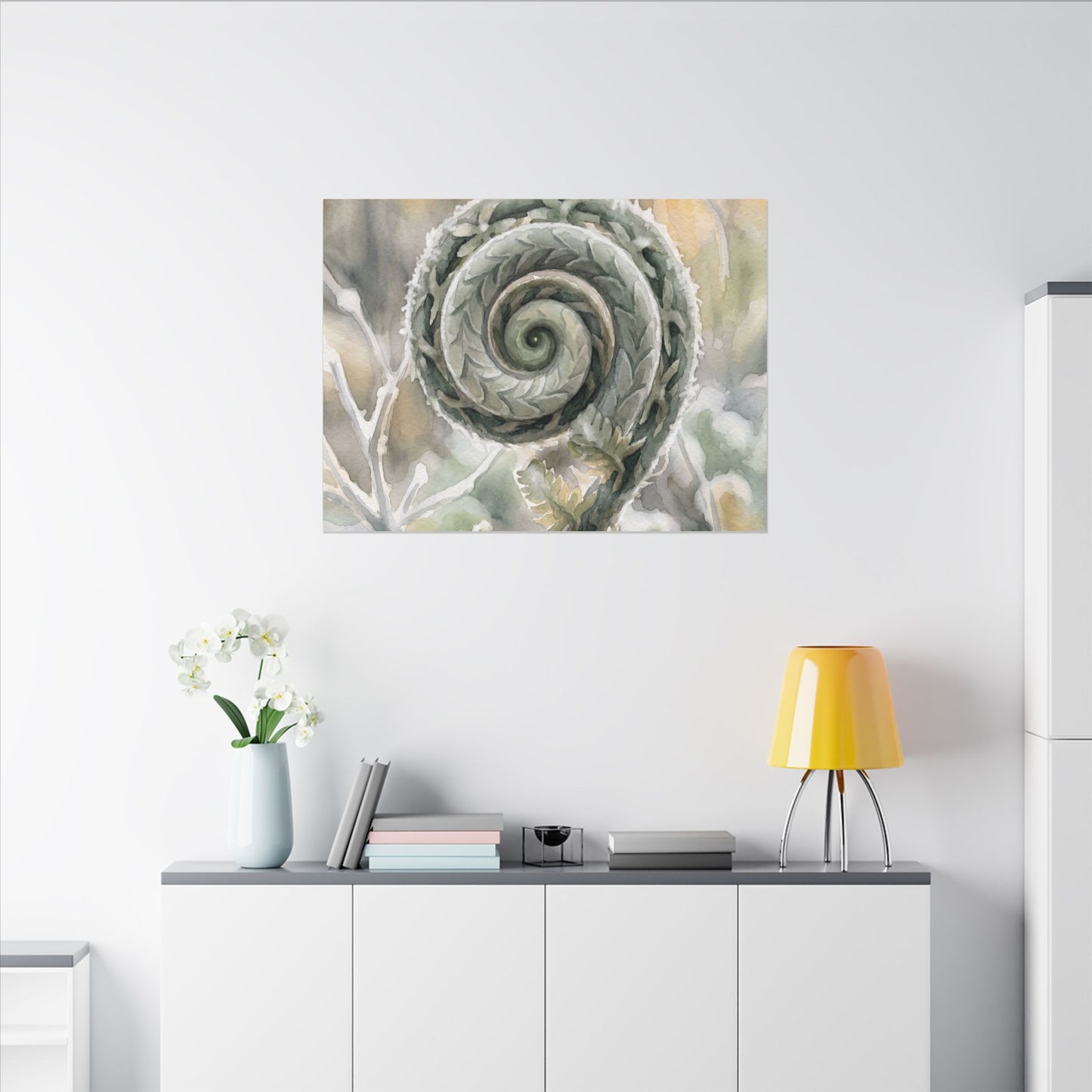 Winter Fern Unfurling Watercolor Canvas Art | Cozy Decor