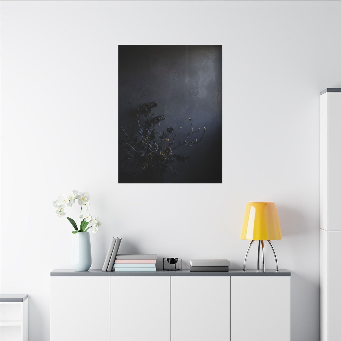 Dried Flowers Spring Canvas Art | Dark Japandi Moody Design
