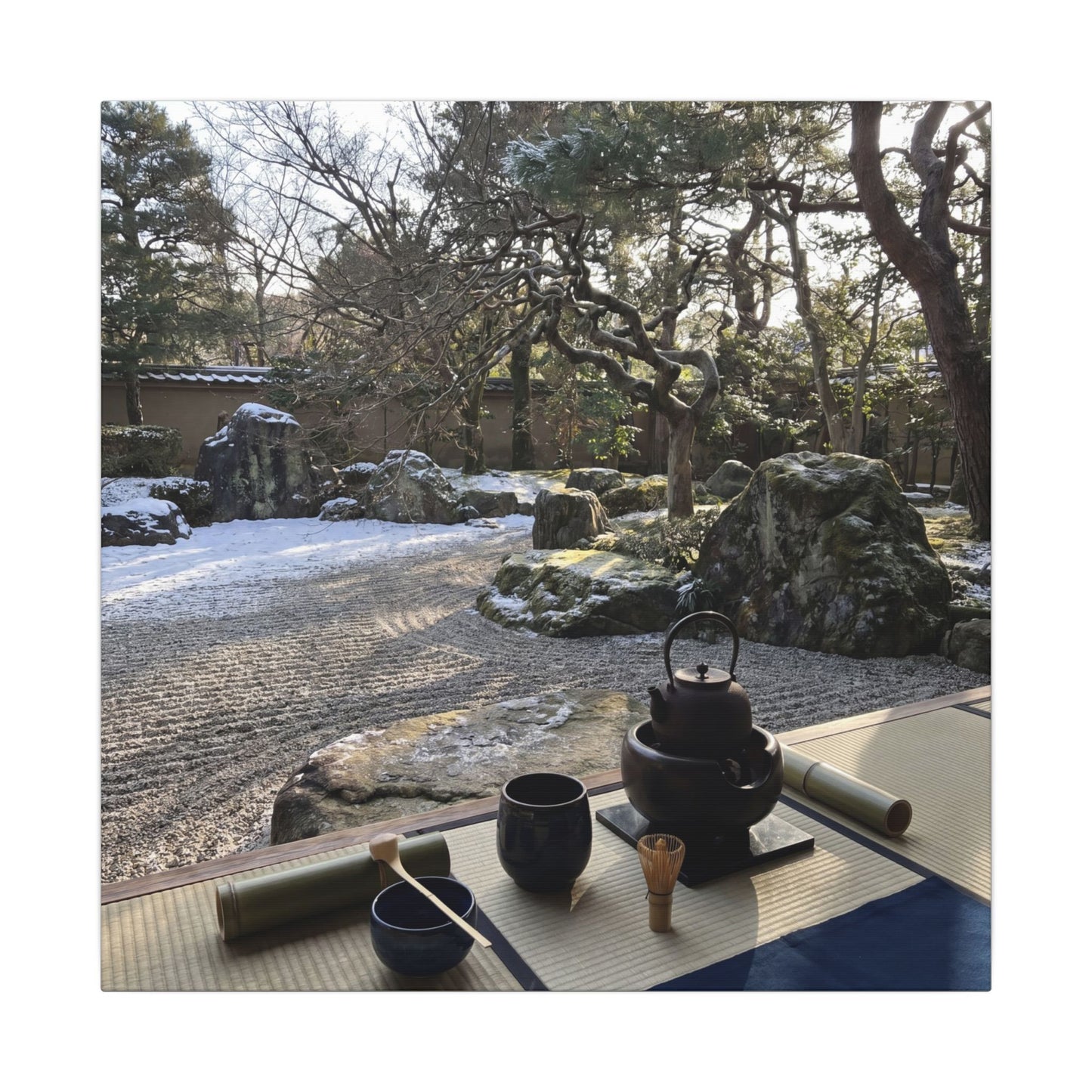 Winter Tea Ceremony Karesansui Canvas Art | Serene Decor