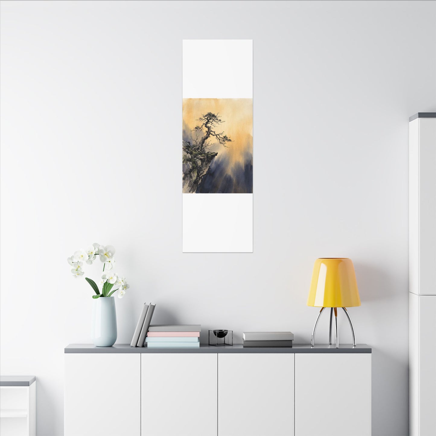 Zen Pine Tree in Golden Hour | Sumi E Canvas Art